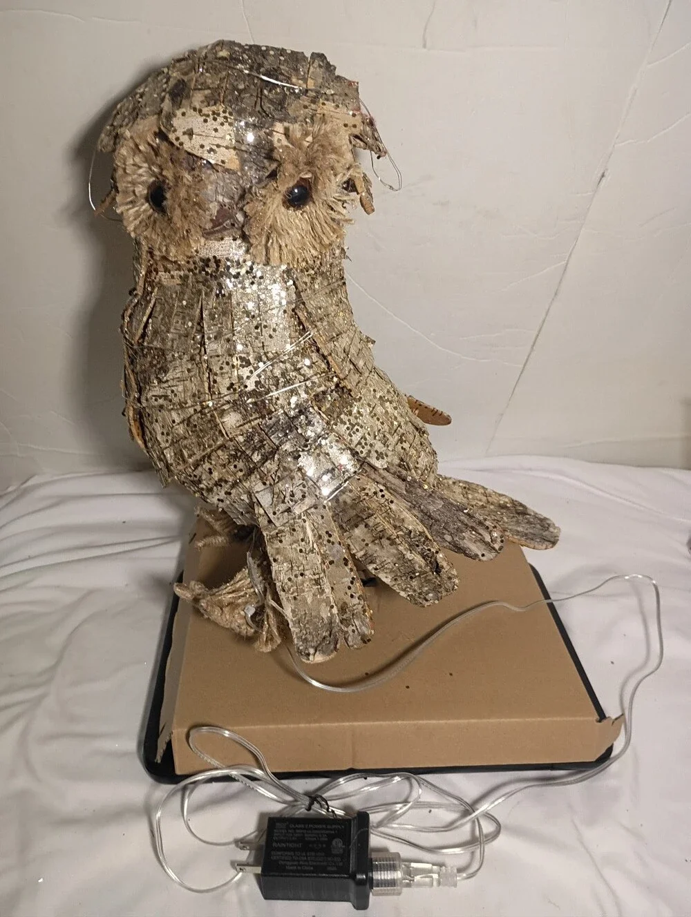 Pottery Barn Lit Owl Tree Topper - Faux Bark & Glitter, LED Lights NWOB HTF 16